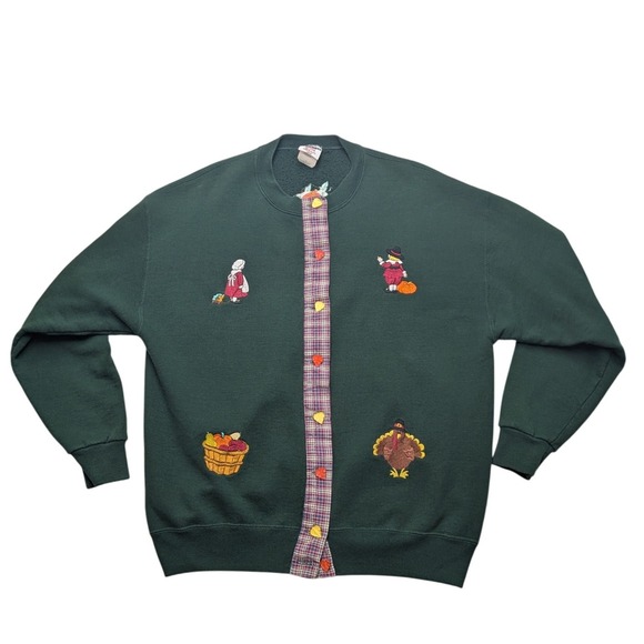 Jerzees Sweaters - Vintage Jerzees Cardigan Sweatshirt Womens XL Thanksgiving Embroidered Plaid